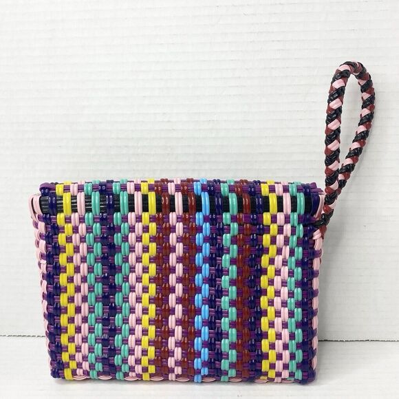 Maria Victoria Wristlet Clutch PVC Plastic Straw Multicolor Handcrafted Mexico - Picture 2 of 11